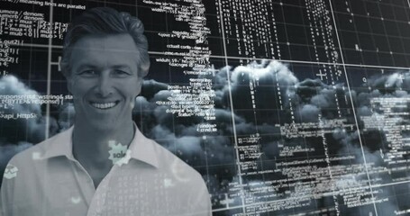 Poster - Animation of businessman smiling over data processing against clouds