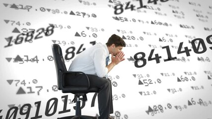 Poster - Digital composition of stressed business sitting on chair against changing numbers and stock market 