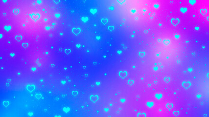 Wall Mural - Abstract blurred blue and purple gradient background with glowing turquoise hearts. Vivid Valentines day background