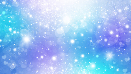 Blue, violet and white abstract gradient bokeh background with circles and hearts. Soft Valentines day background