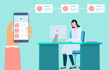 Poster - Online consultation with doctor. Hand holding phone with medical app. Remote medical consultation. Virtual medicine and online diagnostic. Doctor sitting in medical office and working with computer