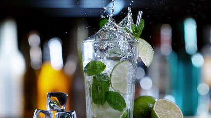 Poster - Detail of glass of mojito drink with splashing liquid
