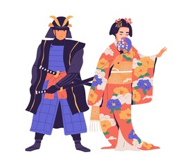 Wall Mural - Couple of geisha and samurai standing isolated on white background. Japanese man with sword and woman with fan dressed in traditional kimono. Ancient Asian people. Colored flat vector illustration