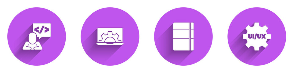 Set Front end development, Web, Sketchbook or album and UI UX design icon with long shadow. Vector.