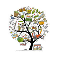 Organic Farm Concept Tree For Your Design. Harvest Festival. Agriculture Collection. Organic Farming Eco Concept. Fresh Products, Locally Grown And Organic Food. Farmer's Market.