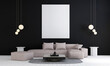 Frame mock up in black modern living room design, canvas frames on black wall background, 3d render