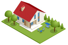 Isometric Apartment House. Building, Cottage, Villa. Modern Cozy House In Chalet Style With Garage For Sale Or Rent With Large Garden And Lawn.