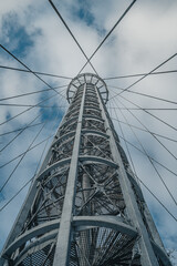 Lookout tower Brno from below. View from viewpoint Brno Holedna. Jundrov viewpoint. Steel watchtower.