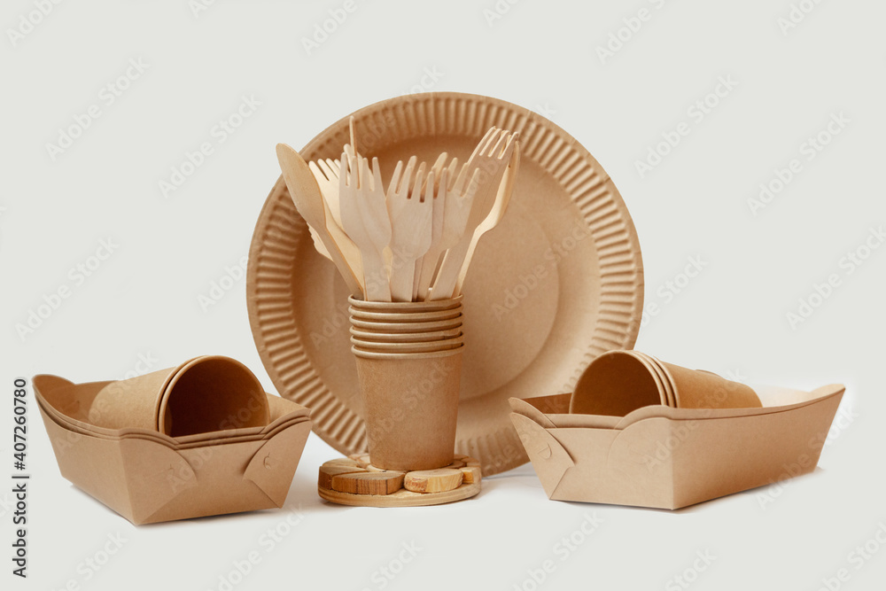 different paper dishes, eko cardboard dishes - obrazy, fototapety, plakaty 