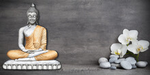 Buddha Meditating Sculpture, Flower With Stone. Wall Poster For Spa.
