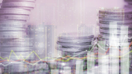 Wall Mural - Financial investment concept, Double exposure of city night and stack of coins for finance investor, Forex trading candlestick chart economic, ECN Digital economy, business, money, passive income.50MP