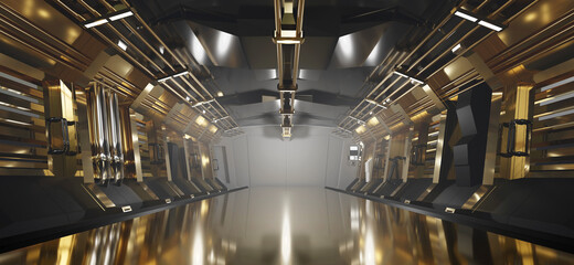 Poster - Sci-Fi gold metallic corridor background with spot light, 3d rendering.