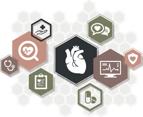 cardiology vector illustration. Concept with connected icons (no people) related to healthcare, cardiac system, cardiologist checkup, heart disease or surgery, cardio medicine or diagnostics.