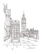 Bigben and telephone booth in London. Architecture sketch illustration. Hand drawn sketch of London city, UK. Isolated on white background. Travel sketch. Hand drawn travel postcard.