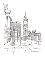 Bigben And Telephone Booth In London. Architecture Sketch Illustration. Hand Drawn Sketch Of London City, UK. Isolated On White Background. Travel Sketch. Hand Drawn Travel Postcard.