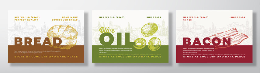 Wall Mural - bacon, olive oil and sourdough bread food label templates set. abstract vector packaging design layo