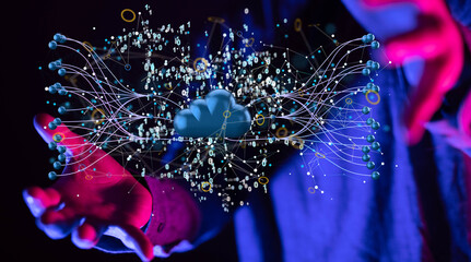 Data cloud storage network from lines, triangles and particle style design.