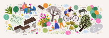 Nature, Family And People. Vector Illustration Of A House, Lake, Village, Tree And Flowers. Drawings And Objects For Poster, Background Or Pattern