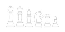 Chess Pieces Line Vector Icon Set Isolated On White Background.  Lineart Chess Figures - King, Queen, Bishop, Knight, Rook, Pawn Strategic Game Disign Elements. Flat Design Cartoon Style Illustration