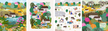 Nature, Landscape, Family And People. Vector Illustration Of A House, Lake, Field, View, Village, Tree And Flowers. Drawings For Poster, Background Or Pattern