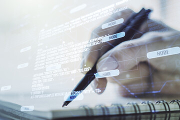 Poster - Multi exposure of abstract creative coding sketch and man hand writing in notebook on background, artificial intelligence and neural networks concept