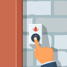 Man Presses The Doorbell Button. Call Button On A Brick Wall. Vector Illustration Flat Design. Isolated On White Background.
