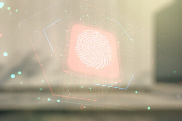Leinwandbilder - Multi exposure of virtual creative fingerprint hologram on modern business center exterior background, personal biometric data concept