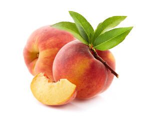 Sticker - Peaches with leaves on white background