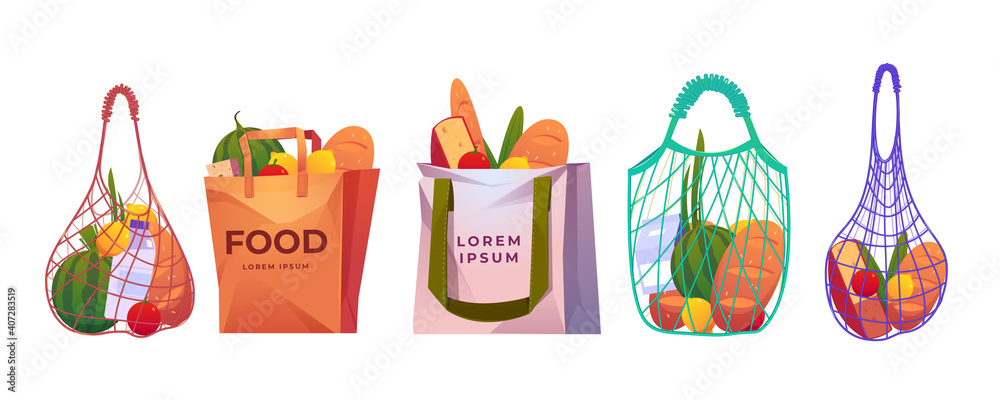 Net, paper and cotton shopping bags with grocery isolated on white background. Vector cartoon set of reusable eco package, mesh bags with fresh food, fruits, vegetables, milk and bread - obrazy, fototapety, plakaty 