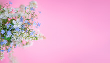 Floral Spring Background. White And Blue Flowers On A Pastel Pink Background. Top View, Copy Space.