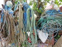 Tangle Of Old Fishing Ropes And Polystyrene Buoys. Ropes And Buoys, Caribbean Artisanal Fishing Tackle. Inshore Sea Fishing Concept. Overseas French Territories