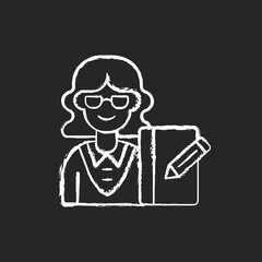 Sticker - Secretary chalk white icon on black background. Office work. Administrative professional. Personal assistant. Supporting management. Handling correspondence. Isolated vector chalkboard illustration