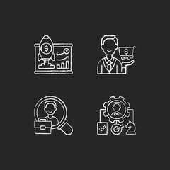 Poster - Corporate structure chalk white icons set on black background. Business model. Buying goods and products. Organization workforce. Operations management. Isolated vector chalkboard illustrations