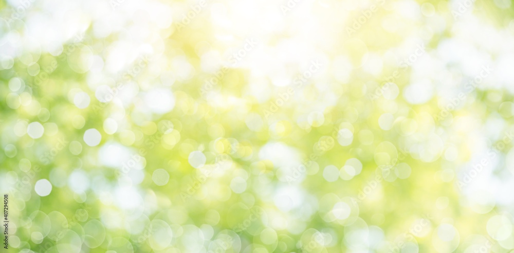 Fresh healthy green bio background with abstract blurred foliage and bright summer sunlight and a central copyspace for your text or advertisment. - obrazy, fototapety, plakaty 
