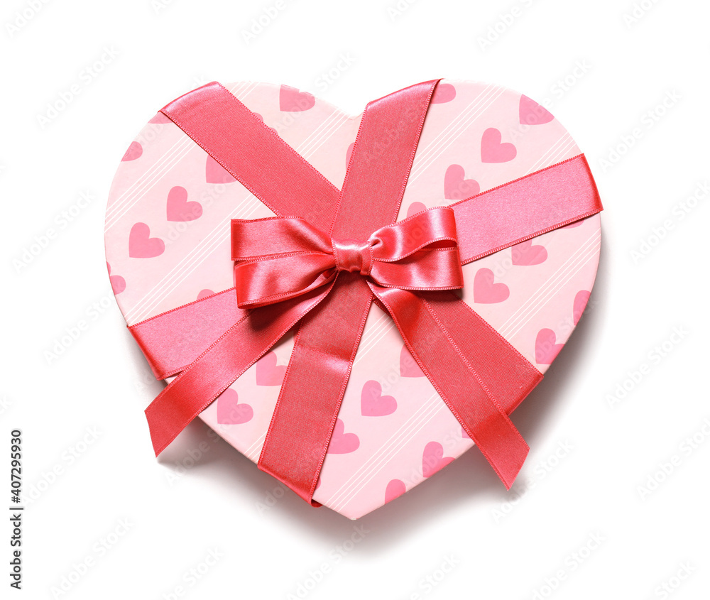Gift box in shape of heart on white background