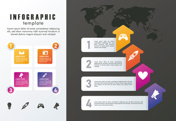 Poster - statistics infographics steps with arrows and squares in gray and black background