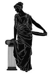 Wall Mural - An ancient Greek young woman in a tunic and cape stands looks away and holding a dish in his hand. Figure isolated on white background.