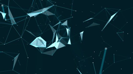 Leinwandbilder - Abstract plexus of moving glowing dots, lines and triangles. Network or digital connection. Technology background. 3d rendering. 4K. Seamless loop.