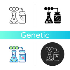 Sticker - Medical biotechnology icon. Clinical drug development. Healthcare industry production. Genetic engineering. Pharmacy manufacturing. Linear black and RGB color styles. Isolated vector illustrations