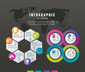 Poster - statistics infographics steps with earth maps in black background