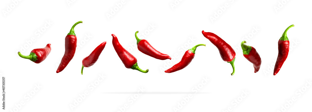 Red fresh chili pepper isolated on white background. Seasoning for dish, hot pepper, spicy spices for cooking, cayenne pepper, food. Set of peppers of different shapes for your design - obrazy, fototapety, plakaty 