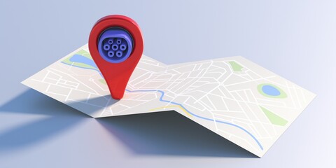 Sticker - Electric car plug and a pinpointer on a city map, gray background. Charging station locations concept. 3d illustration