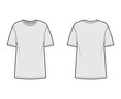 © Vectoressa - T-shirt oversized technical fashion illustration with short sleeves, crew neck, dropped shoulder, elongated hem. Flat apparel top outwear template front, back, grey color. Women men unisex CAD mockup