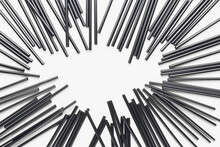 Many Black Plastic Straws On White. Recycle, Environment Conversation, Pollution And Plastic Straw Ban Concept. Abstract Background. Oval Copy Space In The Center