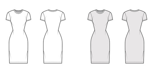 T-shirt dress technical fashion illustration with crew neck, short sleeves, knee length, slim fit, Pencil fullness. Flat apparel template front, back, white, grey color. Women, men, unisex CAD mockup