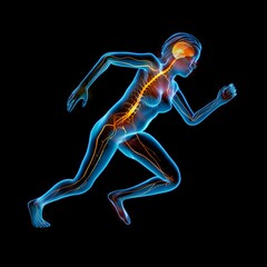 human anatomy, x-ray look at the nervous system of a human body in a dynamic running position, 3d il