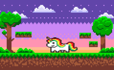 Poster - Pixel unicorn pixel game character vector, horse with colorful hair. 8 bit graphics pixelated personage of gaming process, ground and sky with stars