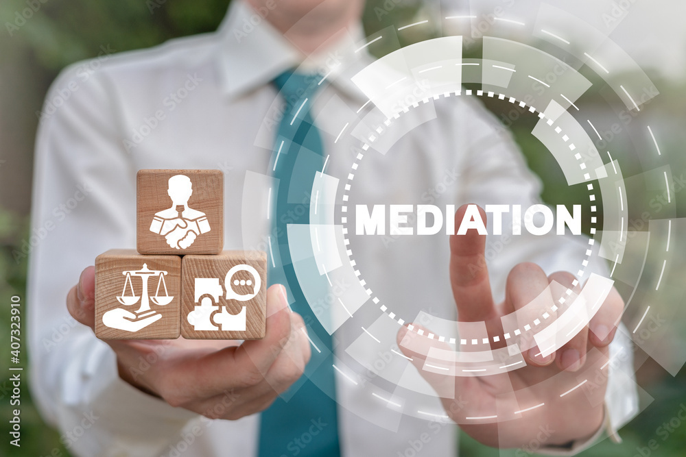 Business deal concept of mediation. Mediator hold wooden cubes with icons and click on mediation word. - obrazy, fototapety, plakaty 
