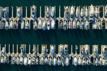 Wall Mural - Drone, aerial view of yachts and boats at marina in California USA