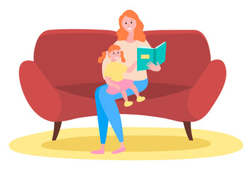 Mother is reading a story to her child, happy family, fairy tale, vector graphics. Child care, parenting. Mom sitting with daughter on the sofa and reading a book, bedtime story on white background